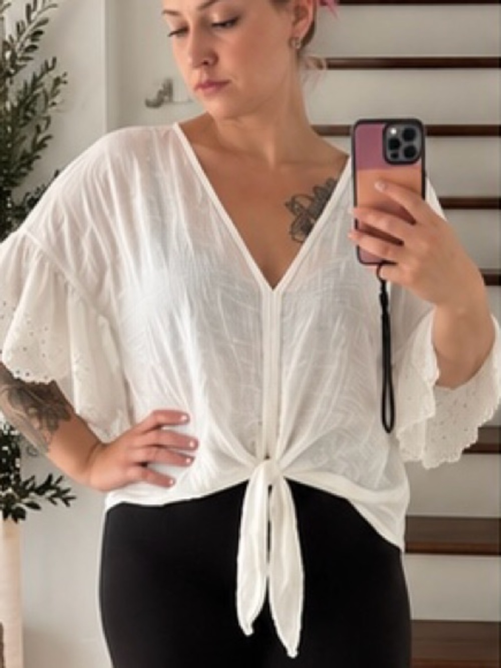 Max Studio White Tie-Front V-Neck Blouse with Eyelet Sleeves